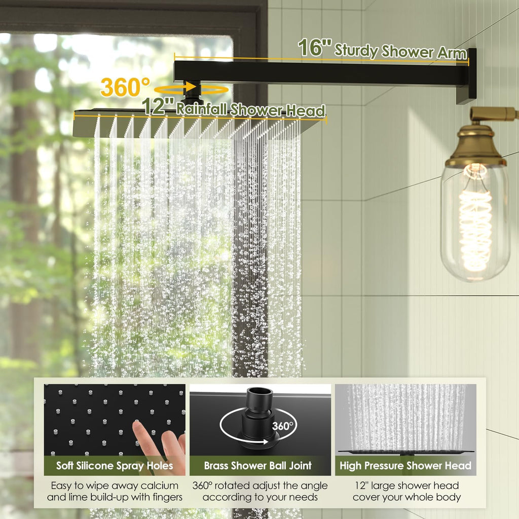 Kurpot Shower System, Matte Black Shower Faucet Set, 12 Inch Rain Shower Head with Handheld Spray, High Pressure Shower Head System with Shower Valve and Trim Kit, Wall Mounted Shower Head Set