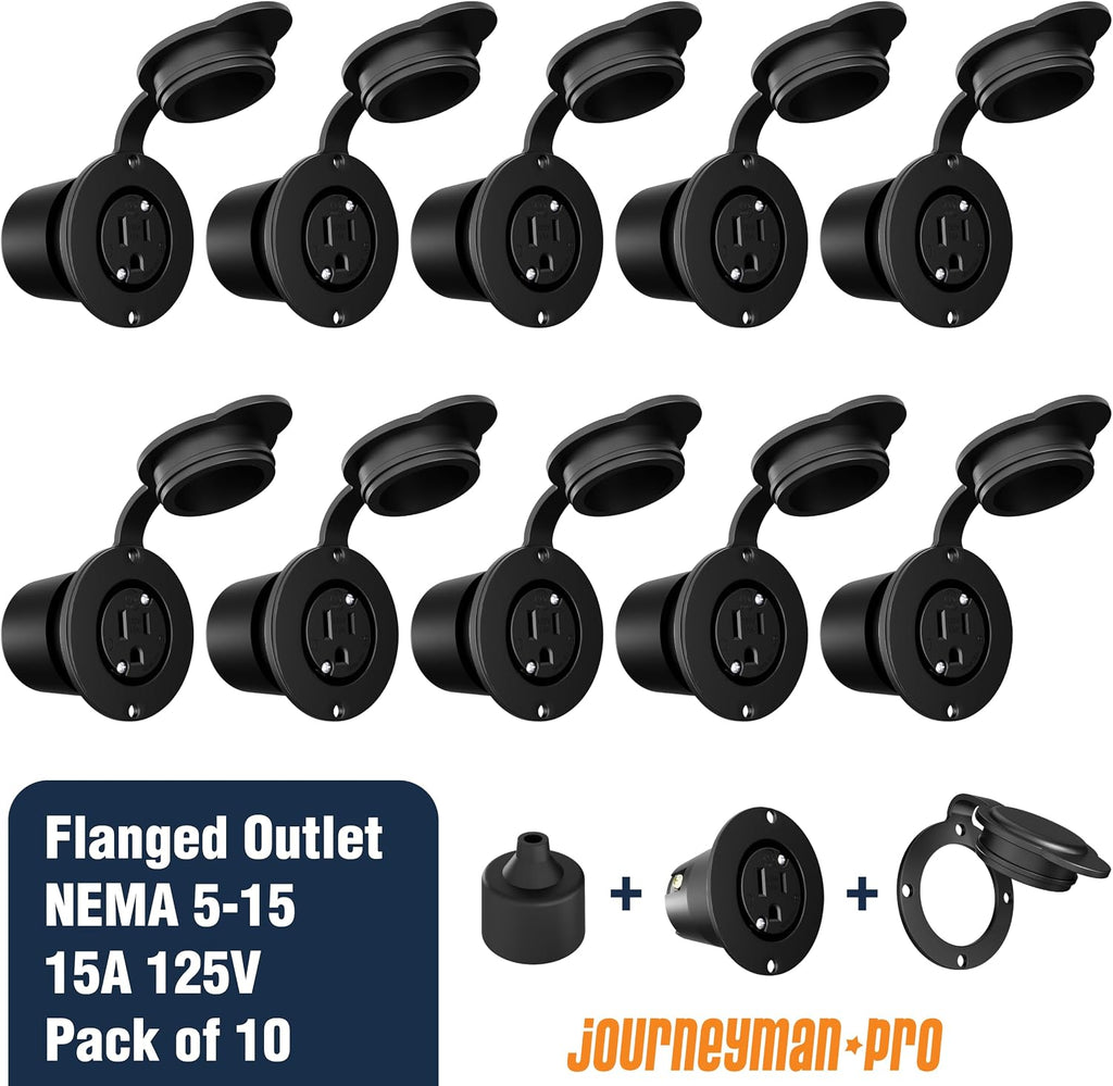 Journeyman-Pro 5279 15 Amp 120-125 Volt, NEMA 5-15 Flanged Outlet, Black Commercial Grade, 2 Pole-3 Wire, Straight Blade Plug Outdoor Receptacle, Surface Mount Outlet (Front & Back Covers, 10-Pack)