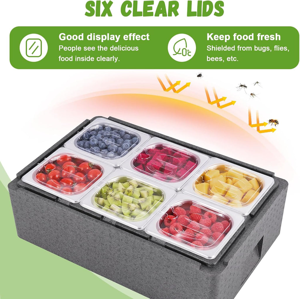 Insulated Cold Food Buffet Ice Serving Trays 6 Lids 6 Pans 2 Ice Packs Insulation Box Cooled Condiment Serving Container Ice Platter Food Cooler for Parties Buffets Fruit Market
