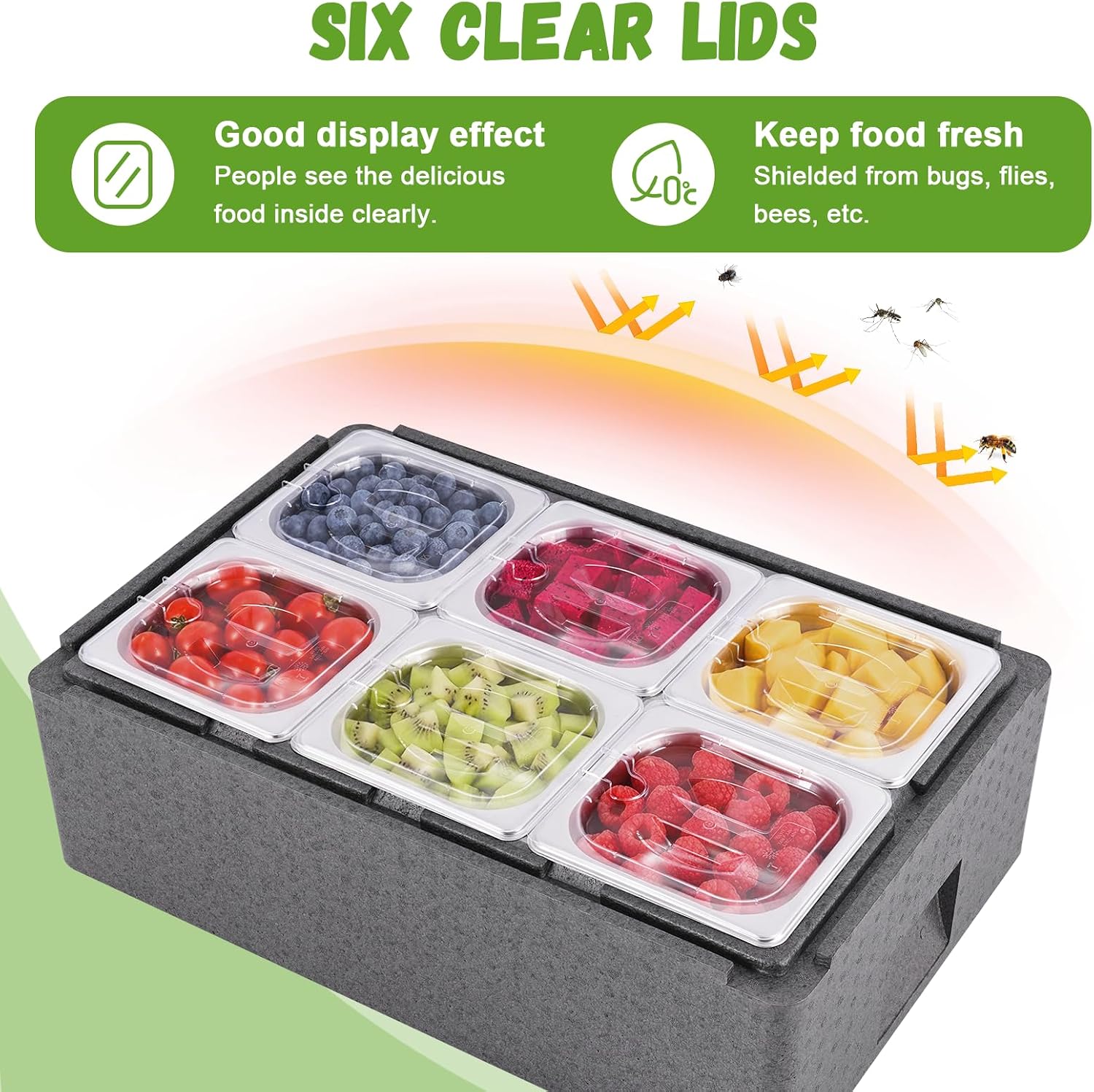 Insulated Cold Food Buffet Ice Serving Trays 6 Lids 6 Pans 2 Ice Packs Insulation Box Cooled Condiment Serving Container Ice Platter Food Cooler for Parties Buffets Fruit Market