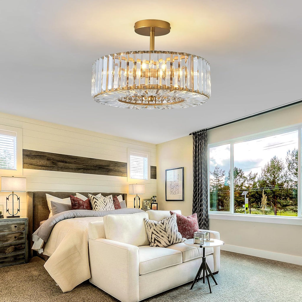 Piepooye 4 Lights Modern Crystal Chandelier Gold Round Semi Flush Mount Ceiling Light Fixture Farmhouse Chandelier for Dining Room Living Room Bedroom Hallway Entryway Kitchen