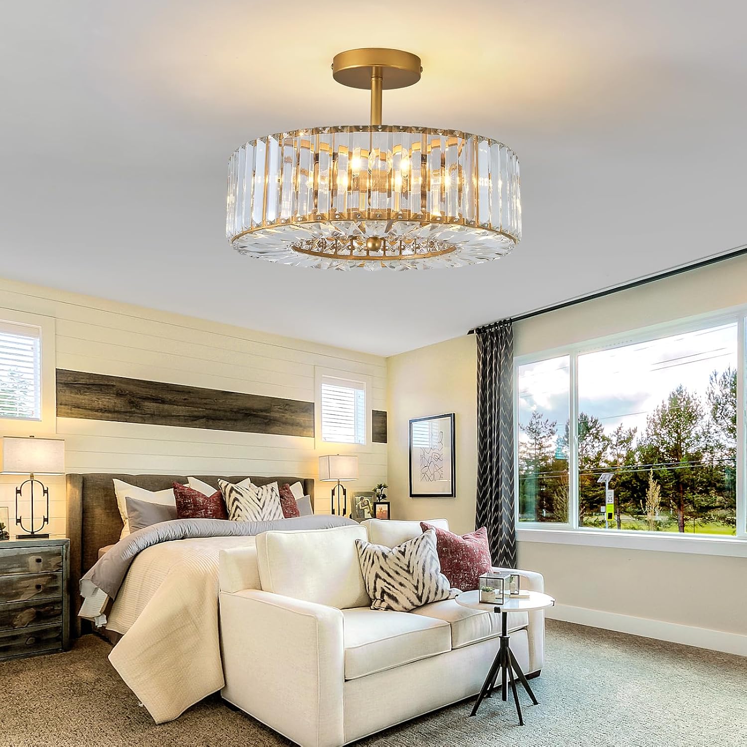 Piepooye 4 Lights Modern Crystal Chandelier Gold Round Semi Flush Mount Ceiling Light Fixture Farmhouse Chandelier for Dining Room Living Room Bedroom Hallway Entryway Kitchen