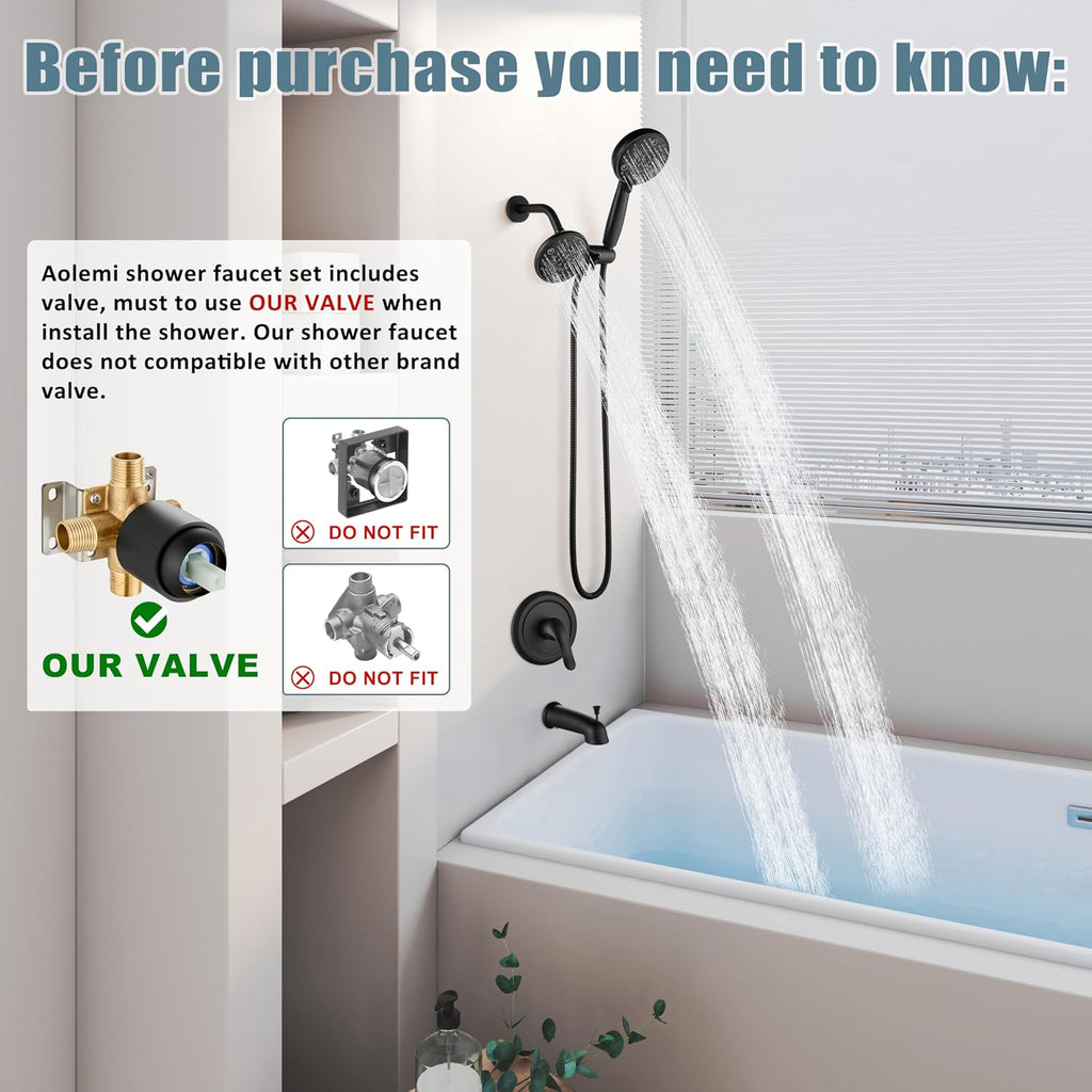 Aolemi Shower Faucet Set with Tub Spout Rain Shower Head System Shower Trim Kit Pressure Rough-in Valve Included ABS 8 Setting Dual Shower Head and Handheld Spray Matte Black