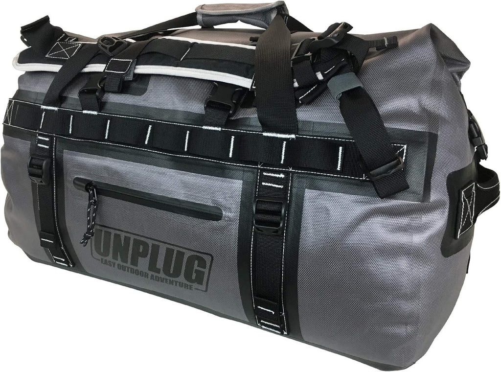 UNPLUG Ultimate Adventure | 1680D Heavy Duty Waterproof Bag | Large Travel Bag which can be Used for Camping, Motorcycling, Boating, or Hunting|65L Storm Grey