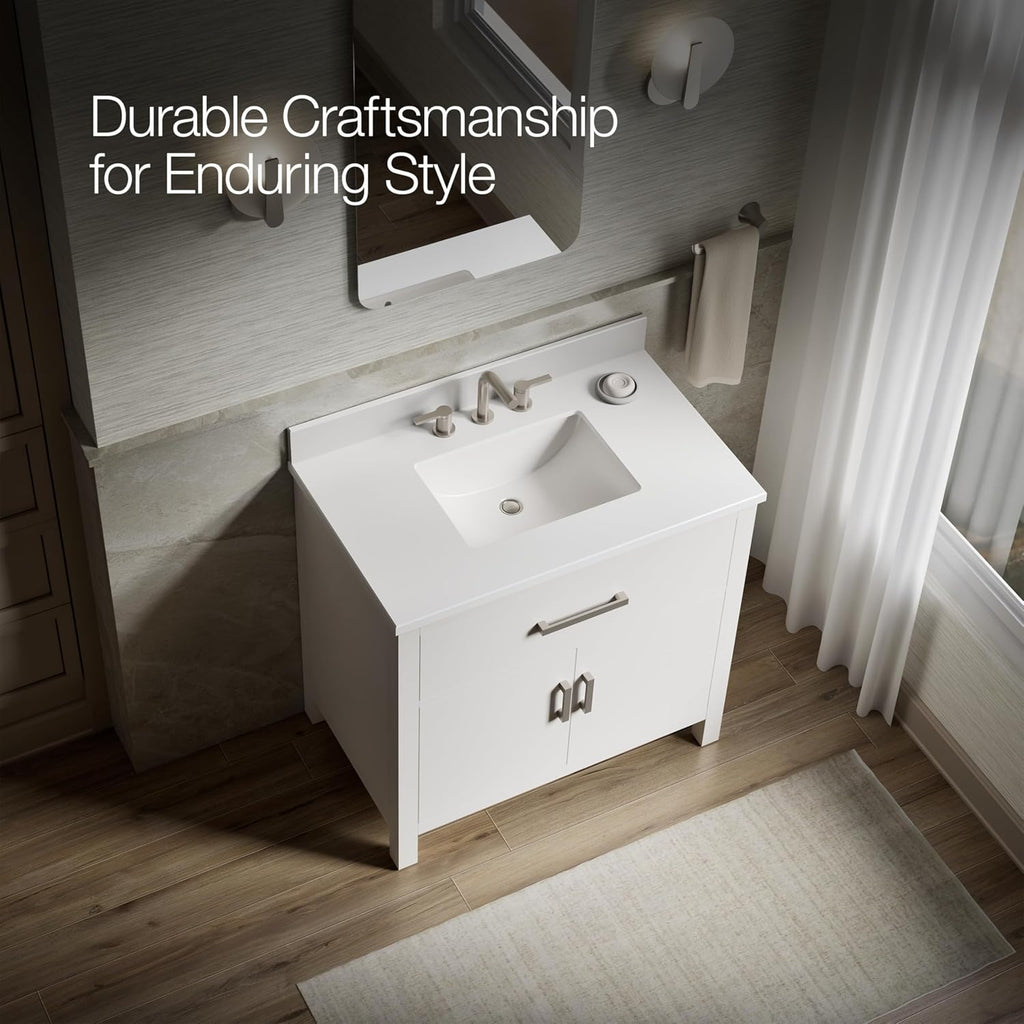 Kohler Kresla 36 Inch Bathroom Vanity Cabinet with White Single Sink and Quartz Top, Modern Bathroom Storage, White