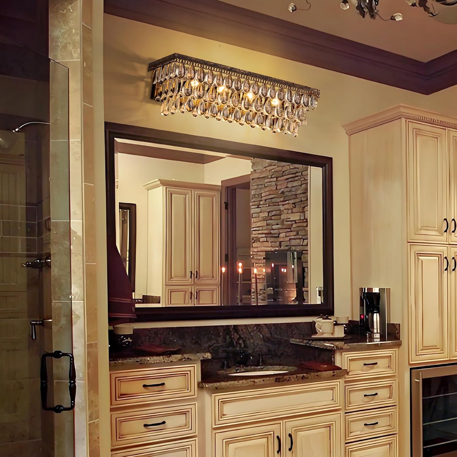 Wellmet Bathroom Vanity Light Fixtures Over Mirror 4 Lights Antique Bronze Crystal Bathroom Wall Light Fixtures Dimmable, Farmhouse Vintage Sconces for Mirror Cabinets, Powder Room, Bedroom, 24' L