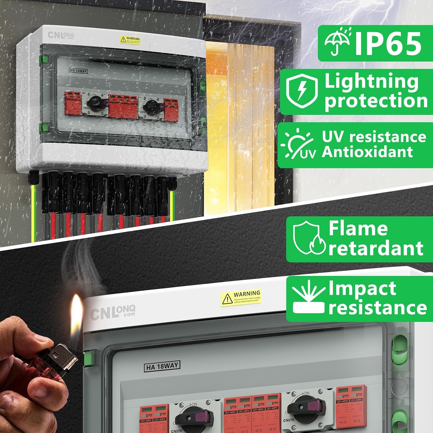 4 Strings Solar Disconnect Switch 32 Amp DC1000V with Lightning Surge Protector Arrester and IP65 Solar PV Combiner Breaker Box 4in 4out for Outdoor Solar Panel System