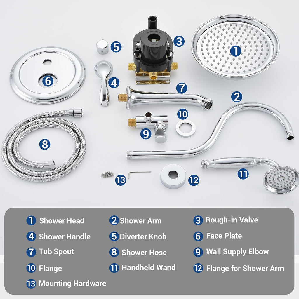 DASAN Shower System with Tub Spout, Chrome Tub and Shower Faucet Combo Set with Valve & Trim Kit Bathtub Shower Faucet Set Bathtub Shower System with Rainfall Shower Head & Handheld, AT309W-PC