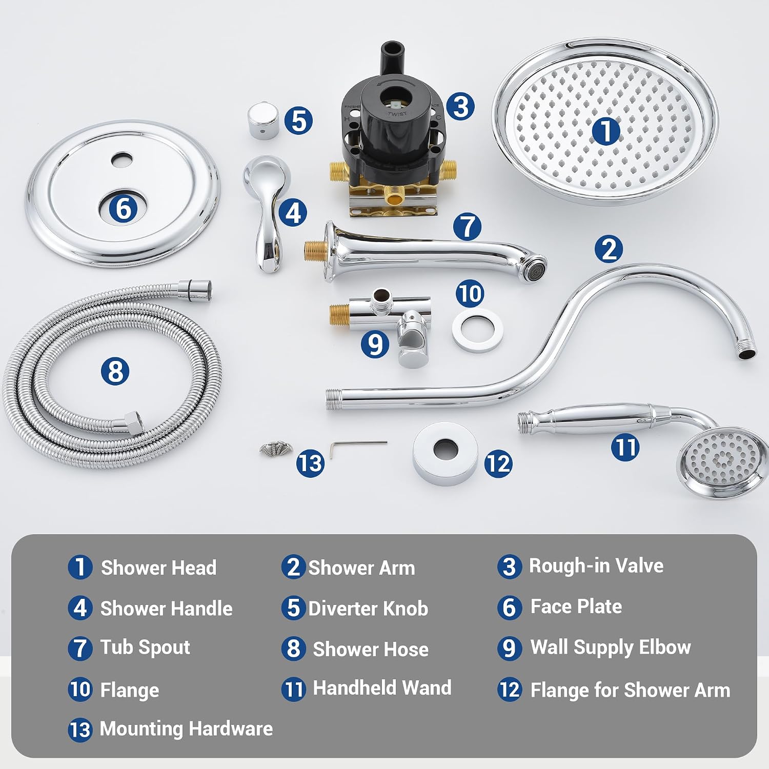 DASAN Shower System with Tub Spout, Chrome Tub and Shower Faucet Combo Set with Valve & Trim Kit Bathtub Shower Faucet Set Bathtub Shower System with Rainfall Shower Head & Handheld, AT309W-PC