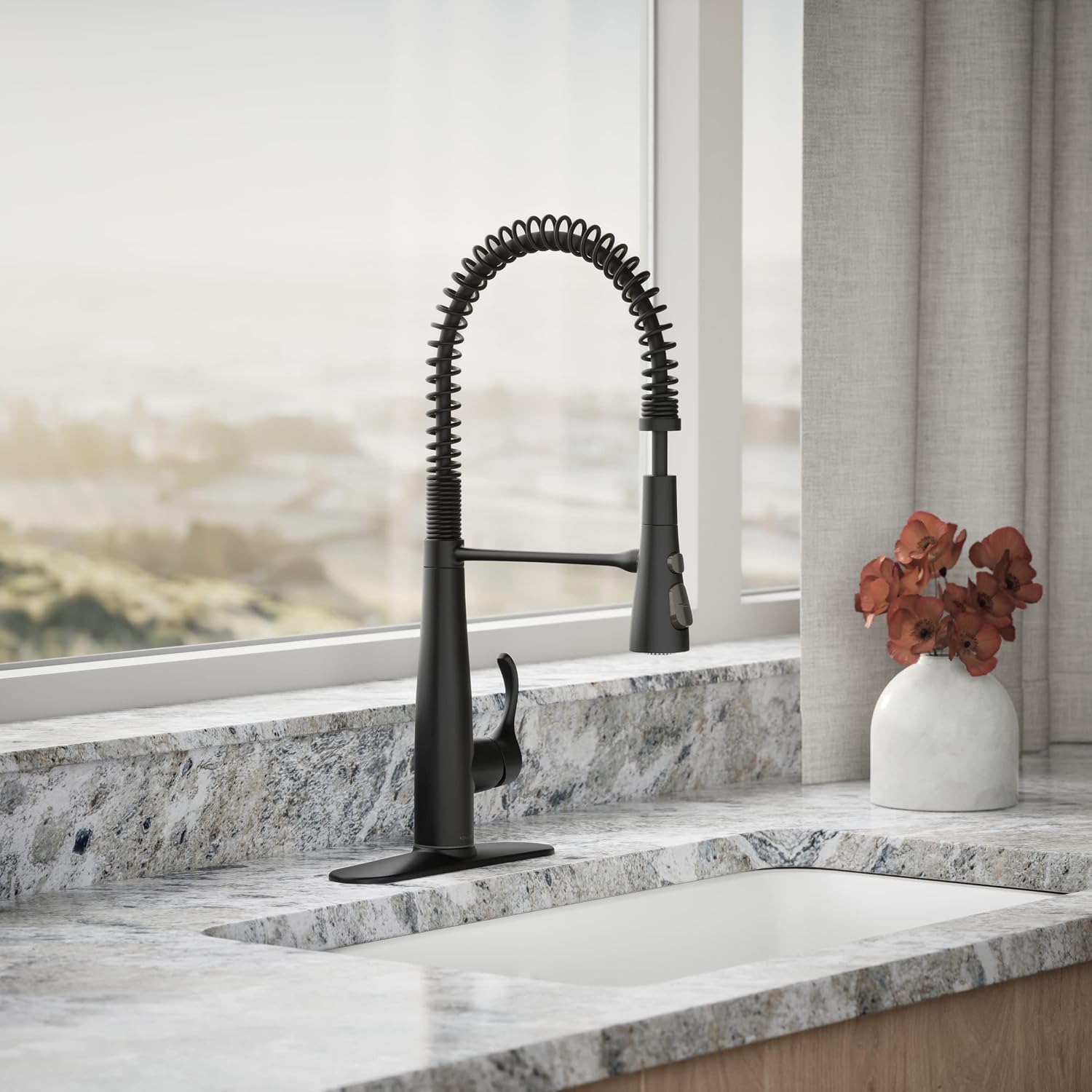 KOHLER 22033-BL Simplice Semi Professional Kitchen Sink Faucet, Three Function Sprayhead, Commercial Faucet, Matte Black