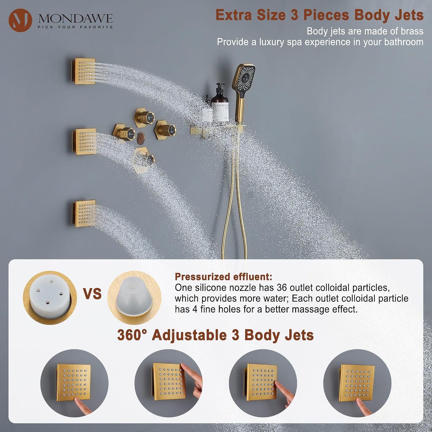 MONDAWE Shower System with Body Jets, 12 Inch Thermostatic Rain Shower System Ceiling Mount, Full Body Spray Shower Jets System with a Shelf, Towel Hooks - Brushed Gold