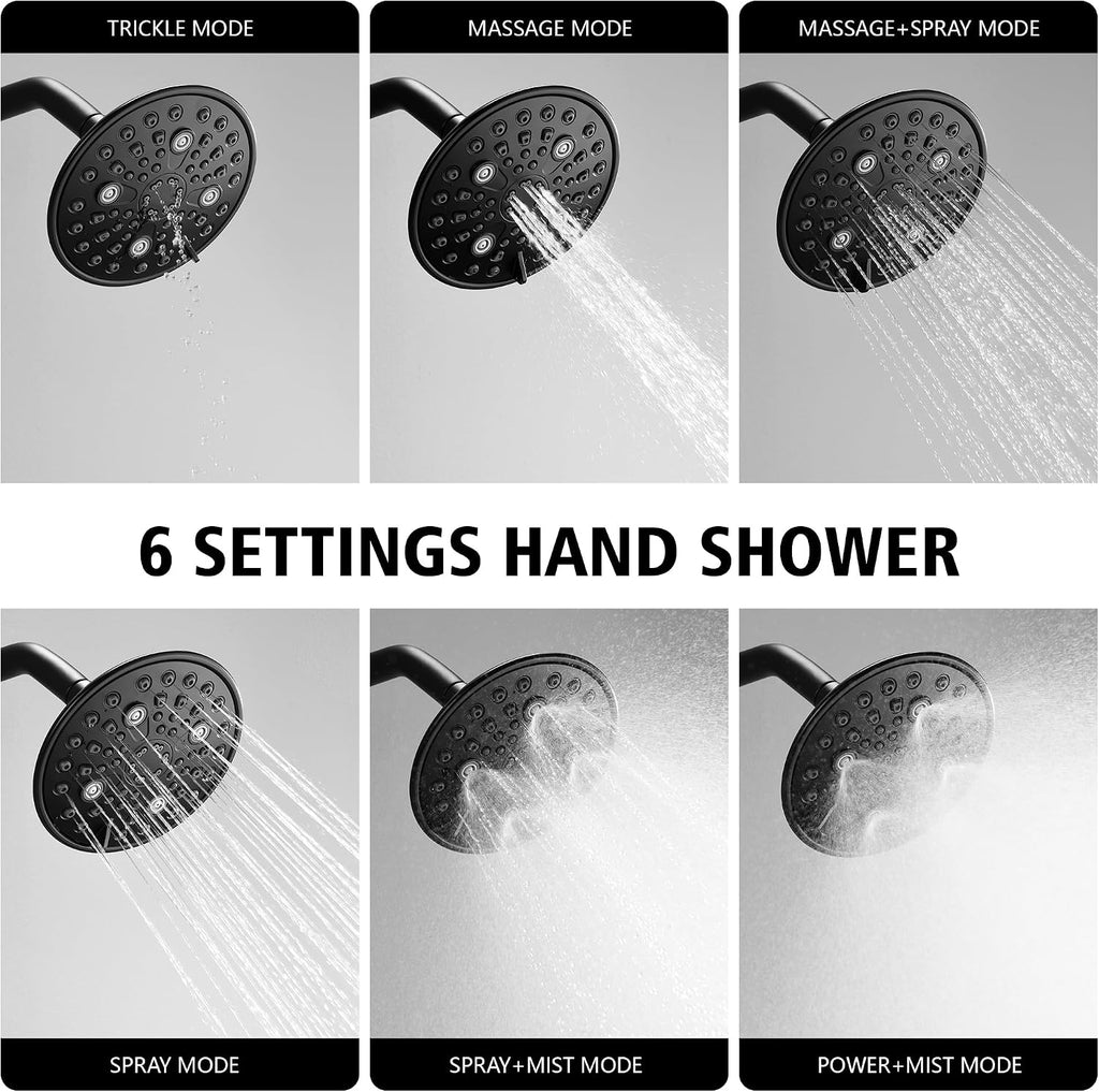 sumerain Modern Matte Black Tub and Shower Faucet Set with 6-Inch 6 Settings Rain Shower Head and Tub Spout, Valve Included