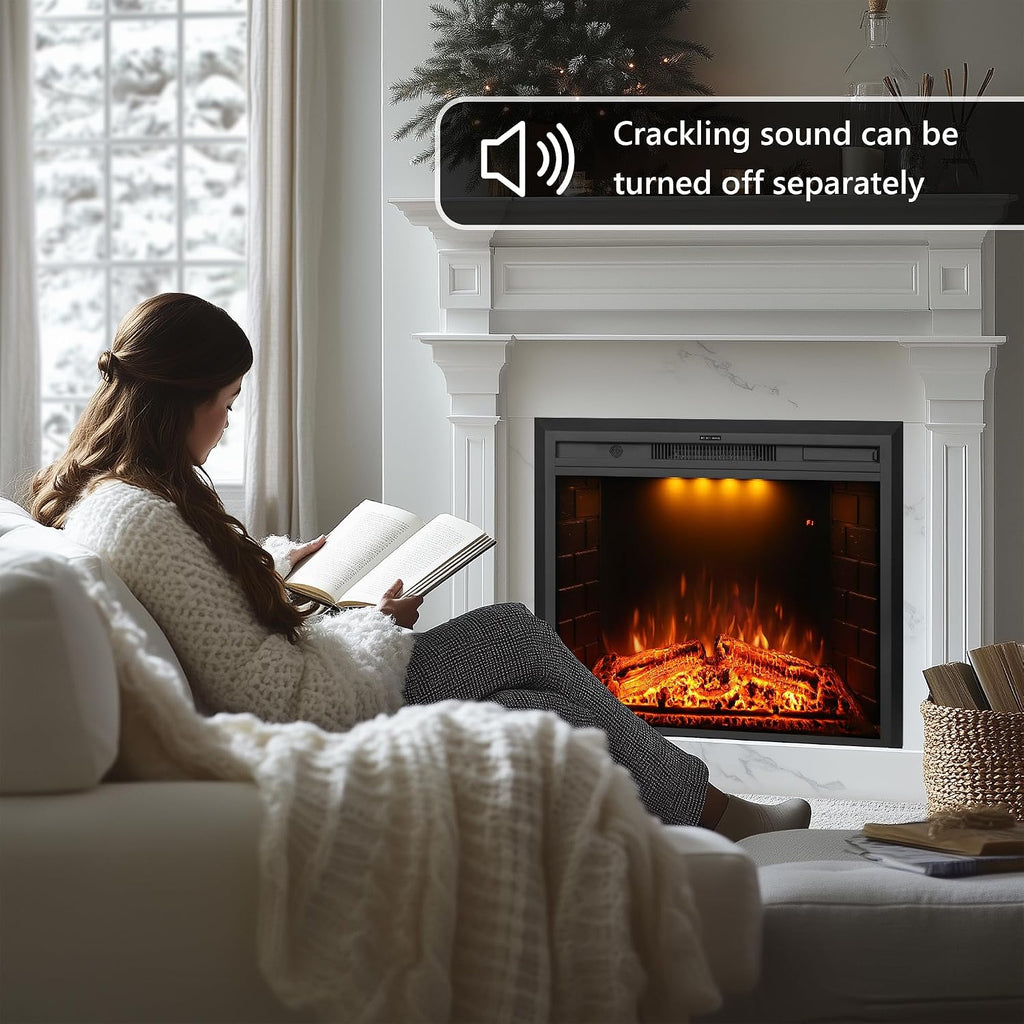 33 inch Electric Fireplace, Wall Fireplace Electric with Remote Control, Realistic Log and Crackling Sound, Overheating Protection and Timer, 750/1500W Black