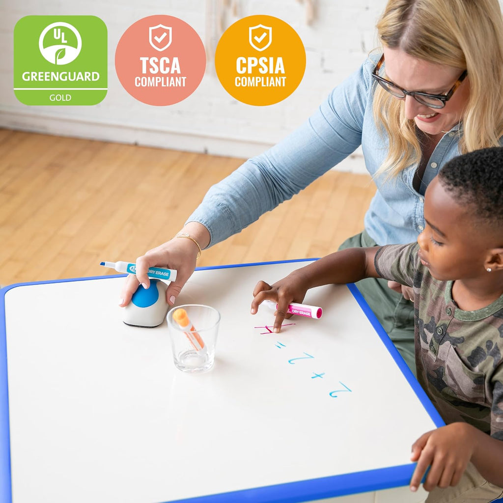 ECR4Kids Dry-Erase Square Activity Table with 2 Chairs, Adjustable, Kids Furniture, Blue, 3-Piece