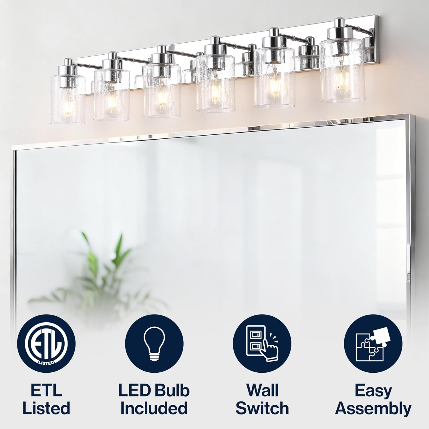 JONATHAN Y 40' Chrome/Clear 6-Light Modern LED Vanity Light for Bathroom Mirror, Mid-Century Wall Sconce with Clear Seeded Glass Shades, Contemporary Iron Fixture, LED Bulbs (JYL7621C)