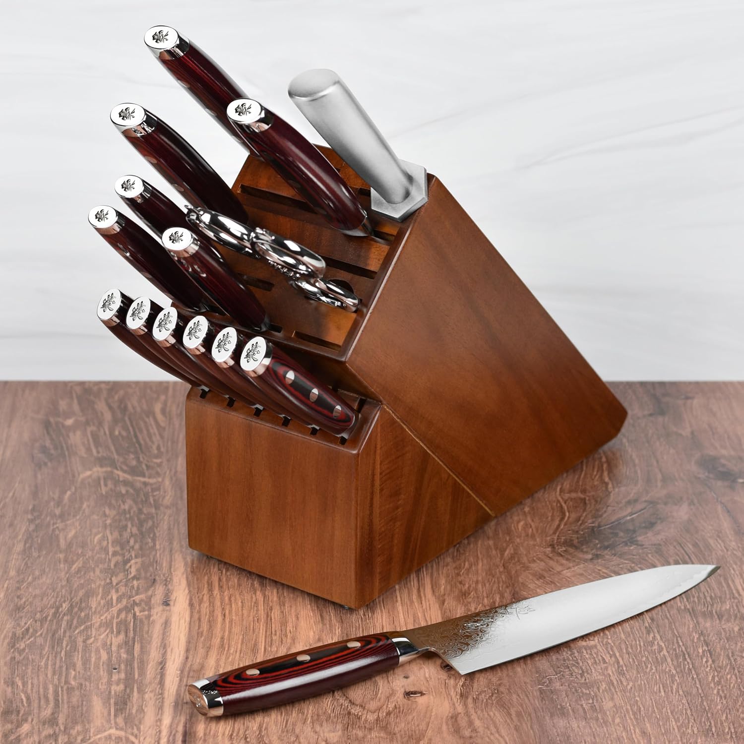 Yaxell Super Gou 16 Piece Knife Set - Made in Japan - 161 Layers SG2 Stainless Damascus, Acacia Block