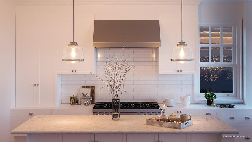 Urban Ambiance Luxury Industrial Chic Pendant Light, Small Size: 11' H x 11' W, with Art Deco Style Elements, Polished Nickel Finish and Clear Shade, UHP2534, Nottingham Collection