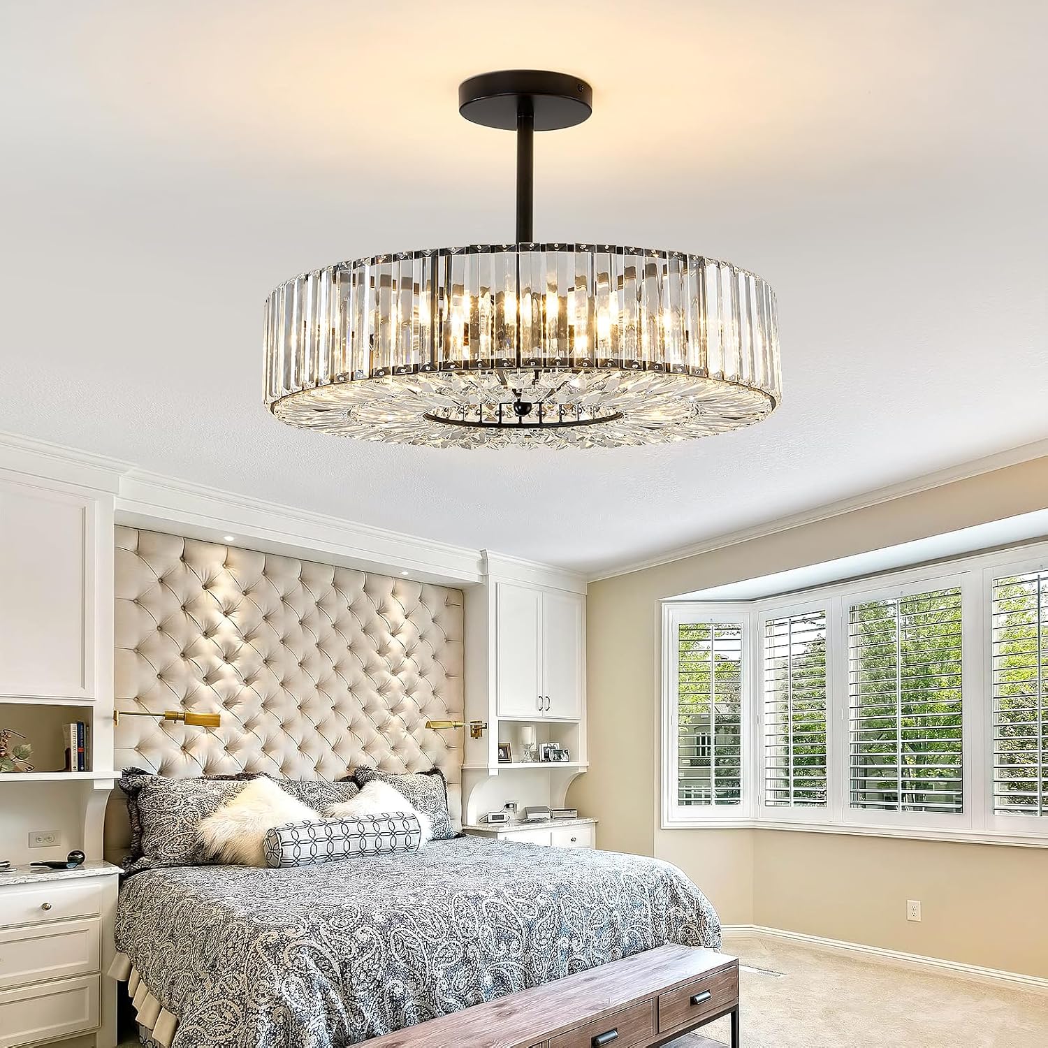 Piepooye 8 Lights Modern Large Crystal Chandelier Black Round Semi Flush Mount Ceiling Light Fixture Farmhouse Chandelier for Dinning Room Living Room Bedroom Hallway Entryway Kitchen