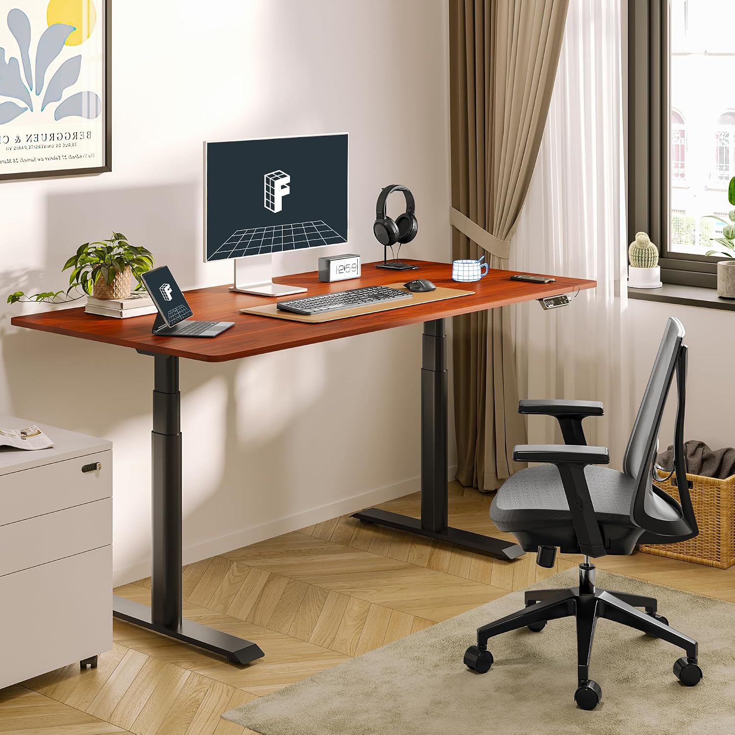 FLEXISPOT E6 Pro Dual Motor Electric Standing Desk, Organic Modern Oval Leg Design, 3-Stage Height Adjustable Sit Stand Desk with Heavy Duty 330lbs, 48' x 30' Mahogany Desktop, Black Frame