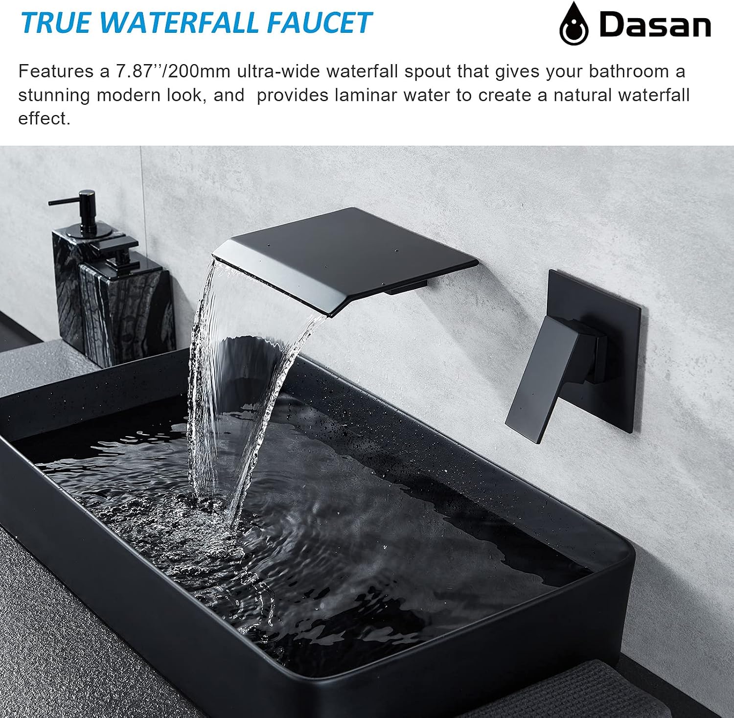 DASAN Wall Mount Waterfall Bathroom Faucet Matte Black in Wall Sink Faucet, Single Handle Wall Mounted Modern Faucet for Bathroom with Upgraded Rough in Valve