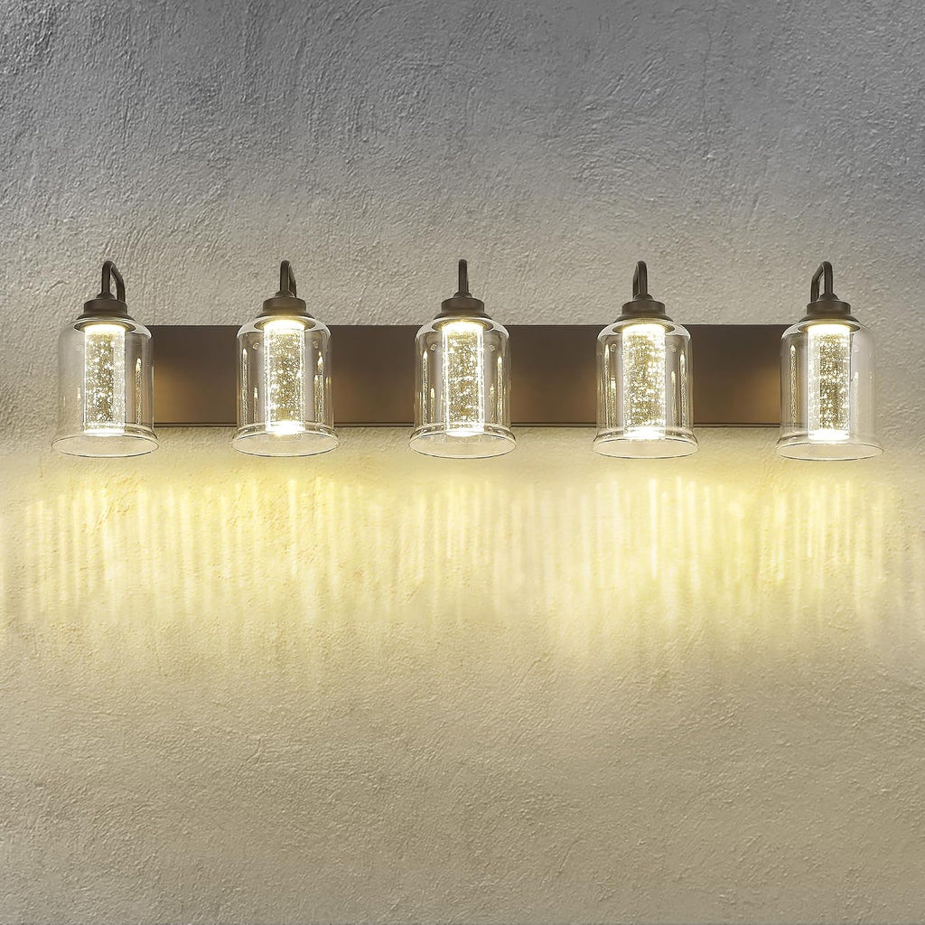 zeyu 25W LED Bathroom Lights, 5-Light Vanity Lighting Fixtures for Bathroom with 5 Color Modes, Oil Rubbed Bronze Finish with Crystal Bubble and Clear Glass, ZSL72B-5W LED ORB-1