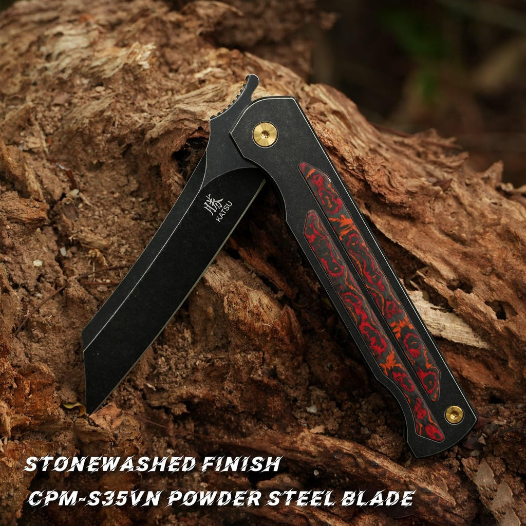 KATSU Camping Pocket Folding Japanese Knife, CPM S35VN Blade, Black Stonewashed Titanium Handle With Mars Valley Fat Carbon Fiber Inlay