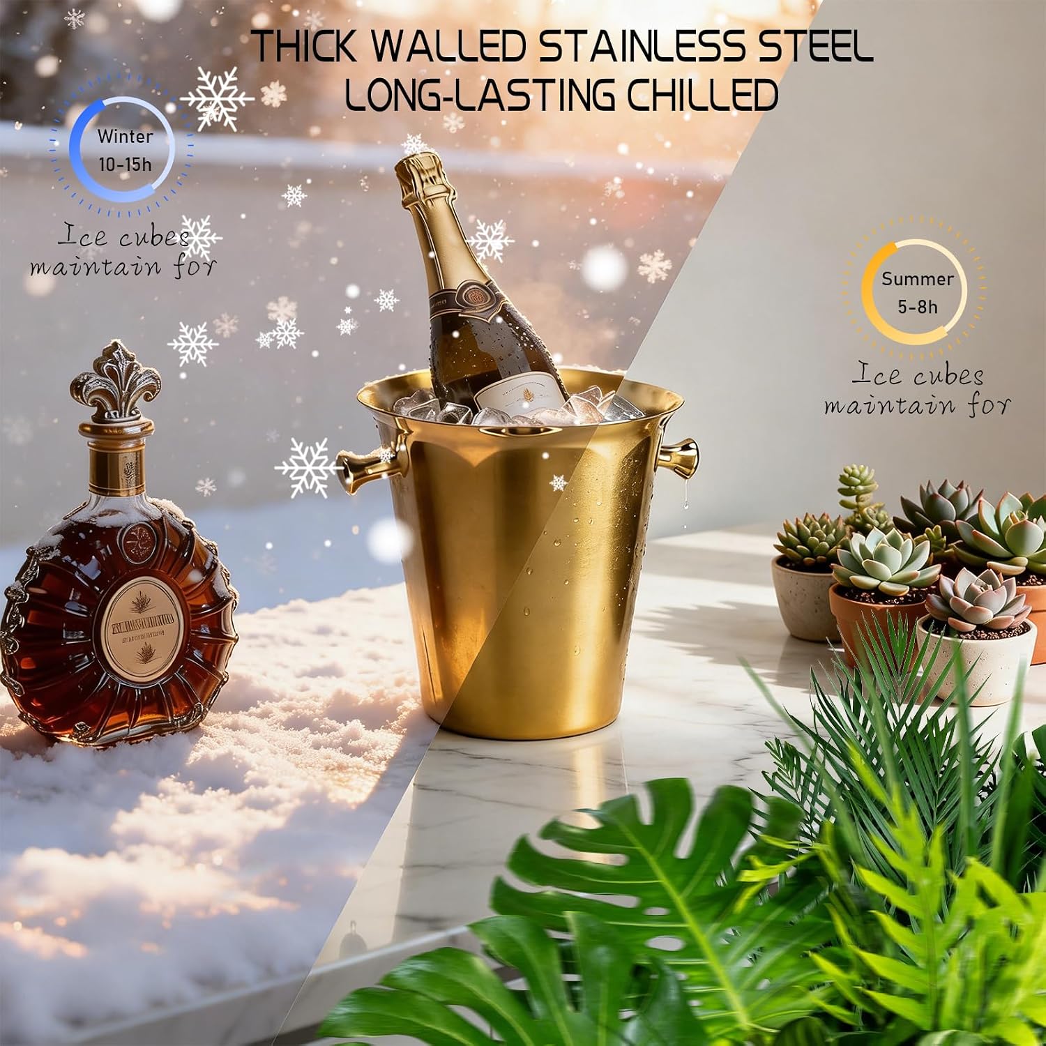 Ice Bucket with Stand Christmas Stainless Steel Standing Ice Bucket Ice Cube Container, Wine Bucket on rack Champagne Bucket for Wine Beer KTV Club Bar Bbq Party Wedding, 12ib 5L,gold 2packs