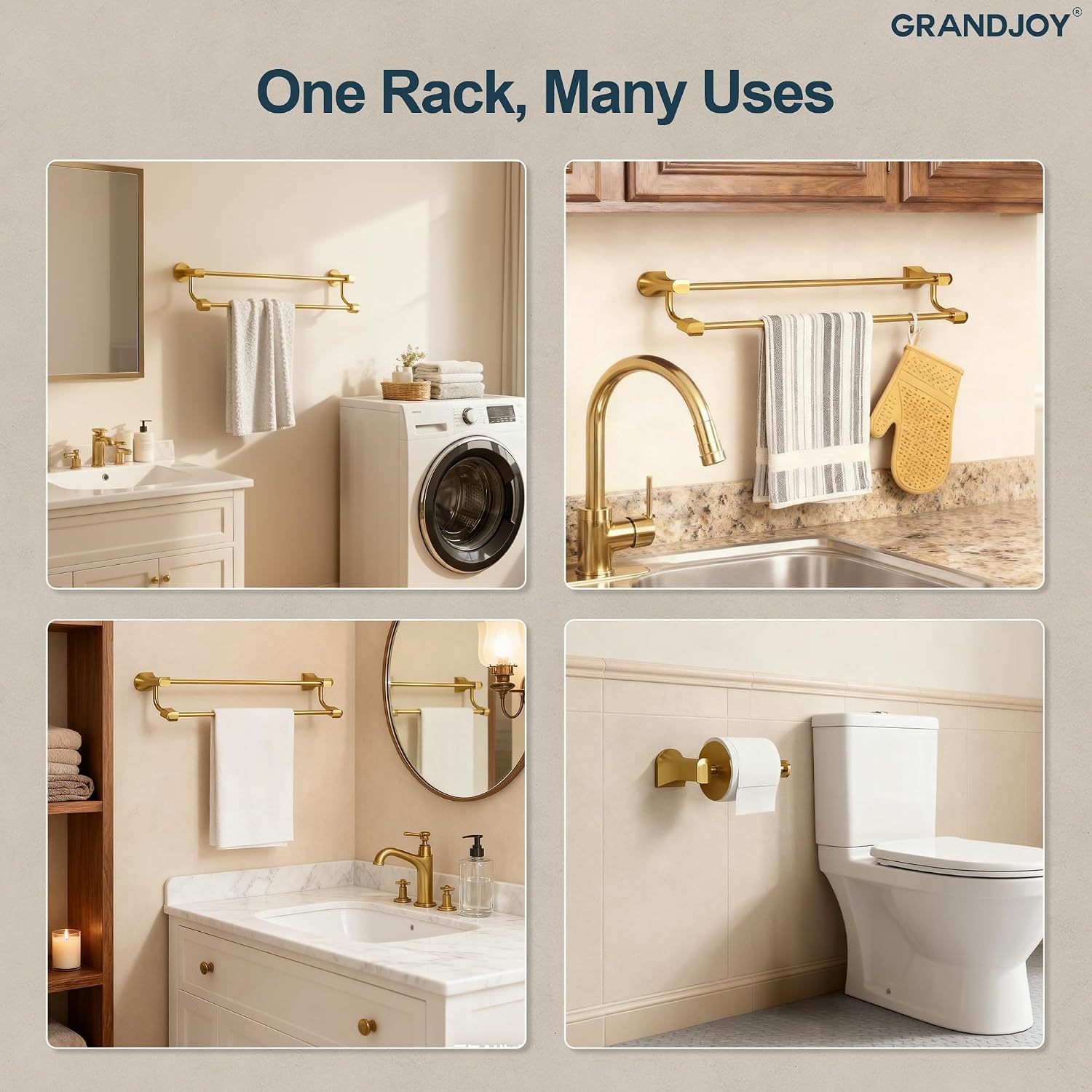 4-Piece Brushed Gold Bathroom Hardware Set, 304 Stainless Steel Rustproof Wall Mounted, 24 Inch Double Towel Rack, Towel Ring, Robe Hook, Toilet Paper Holder