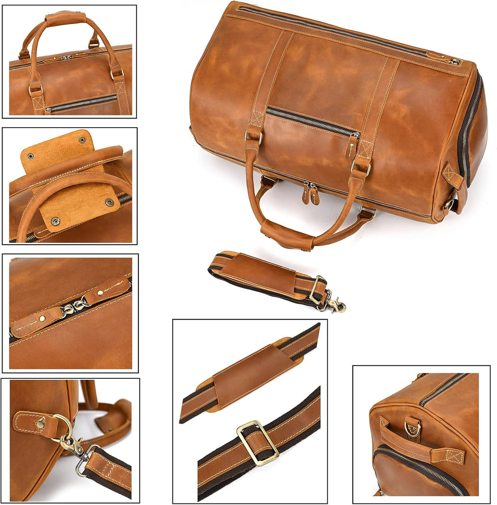 LUUFAN Full-grain Leather Travel Bag Large Capacity Duffel Luggage Bag with Shoe Compartment, Men Weekend Overnight Bag for Business Holiday Trip, Light Brown