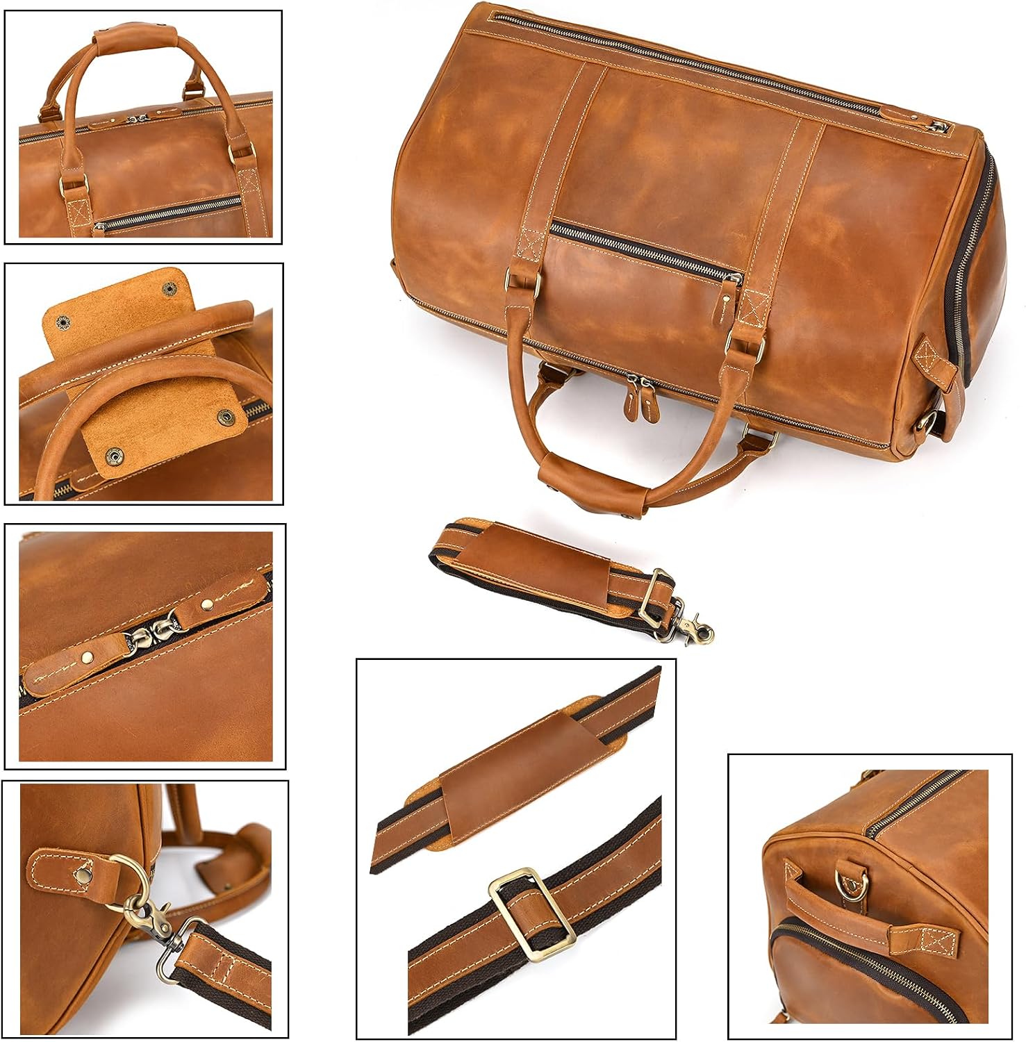 LUUFAN Full-grain Leather Travel Bag Large Capacity Duffel Luggage Bag with Shoe Compartment, Men Weekend Overnight Bag for Business Holiday Trip, Light Brown