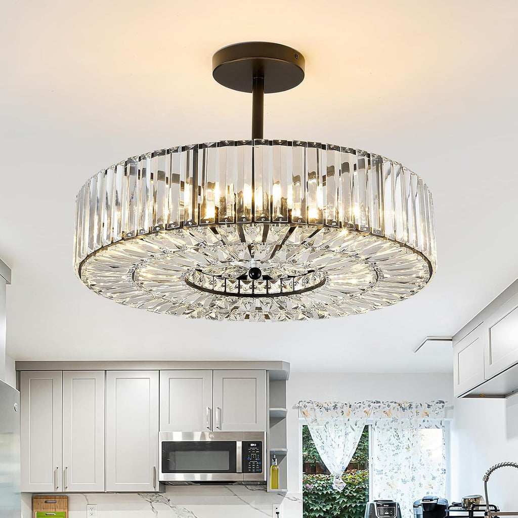 Piepooye 8 Lights Modern Large Crystal Chandelier Black Round Semi Flush Mount Ceiling Light Fixture Farmhouse Chandelier for Dinning Room Living Room Bedroom Hallway Entryway Kitchen