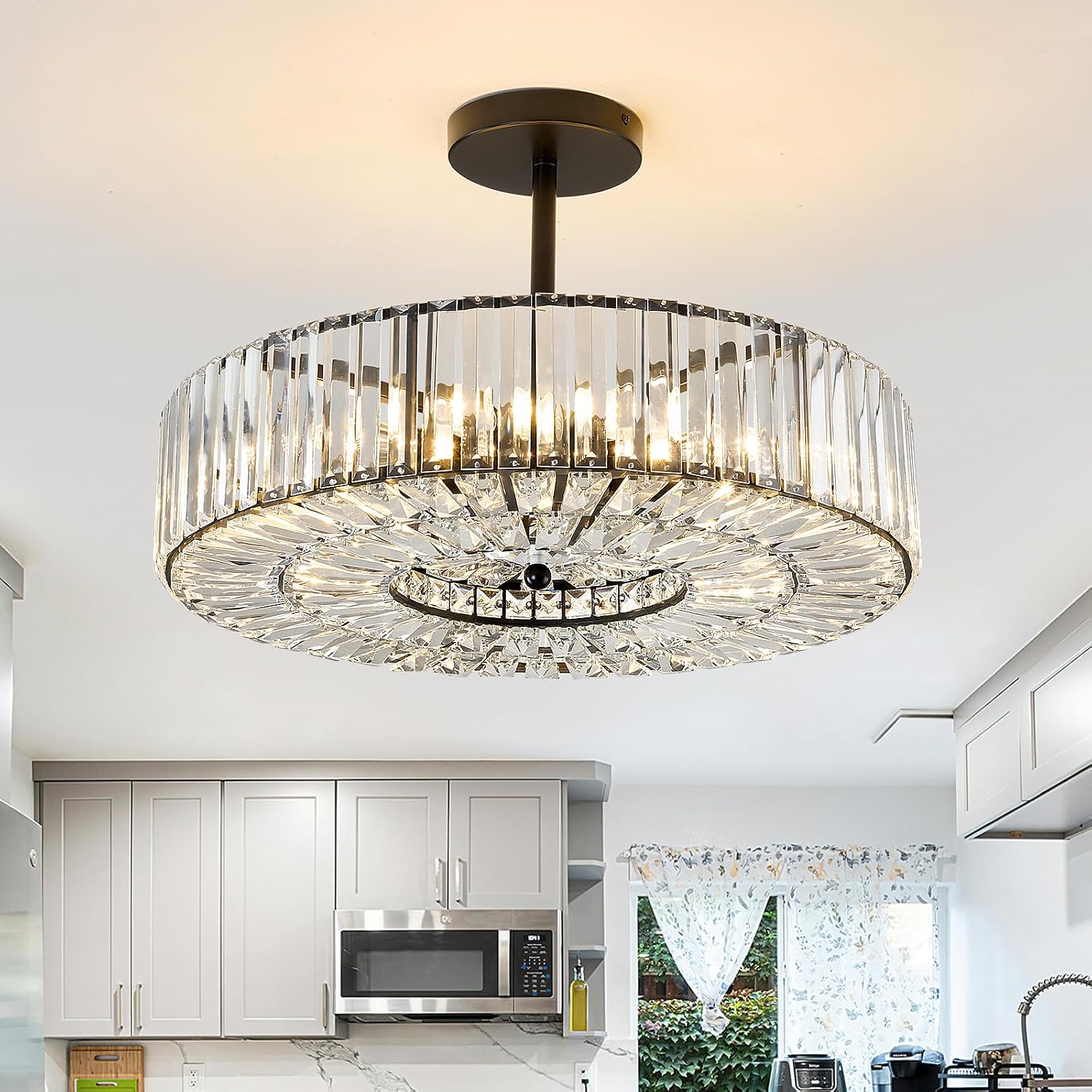 Piepooye 8 Lights Modern Large Crystal Chandelier Black Round Semi Flush Mount Ceiling Light Fixture Farmhouse Chandelier for Dinning Room Living Room Bedroom Hallway Entryway Kitchen