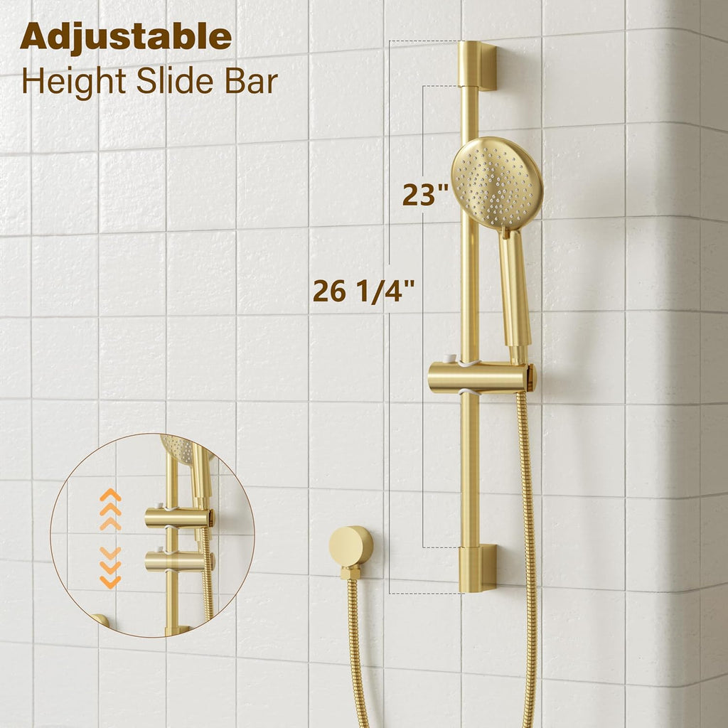Gabrylly Shower System Gold, Slide Bar Shower Faucet Set with High Pressure 10' Rain Head and 5-Setting Handheld Spray, 2 Way Pressure Balance Valve with Trim Kit, Brushed Gold
