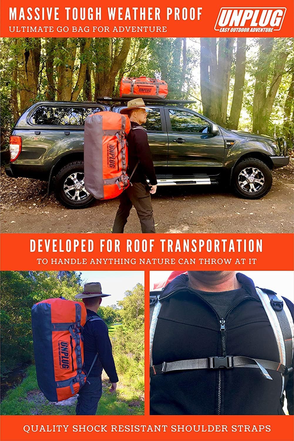 UNPLUG Ultimate Adventure | 1680D Heavy Duty Waterproof Bag | Large Travel Bag which can be Used for Camping, Motorcycling, Boating, or Hunting|155L Storm Grey