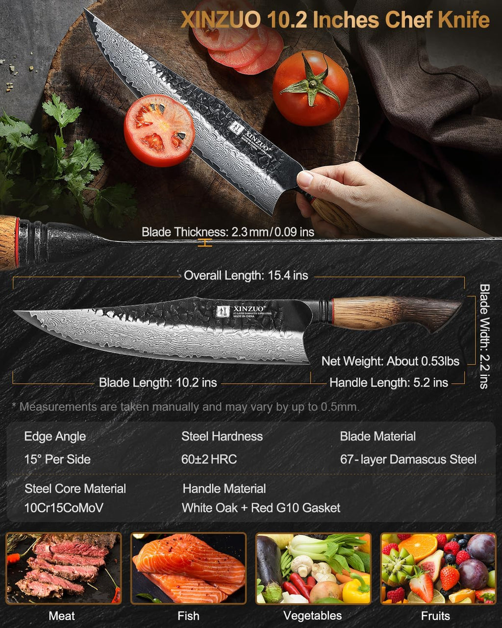 XINZUO 10 inch Professional Chef Knife,67 Layers 10Cr15CoMov High Carbon Damascus Steel Knife For Kitchen,Very Sharp，White Oak + Red G10 Gasket Handle