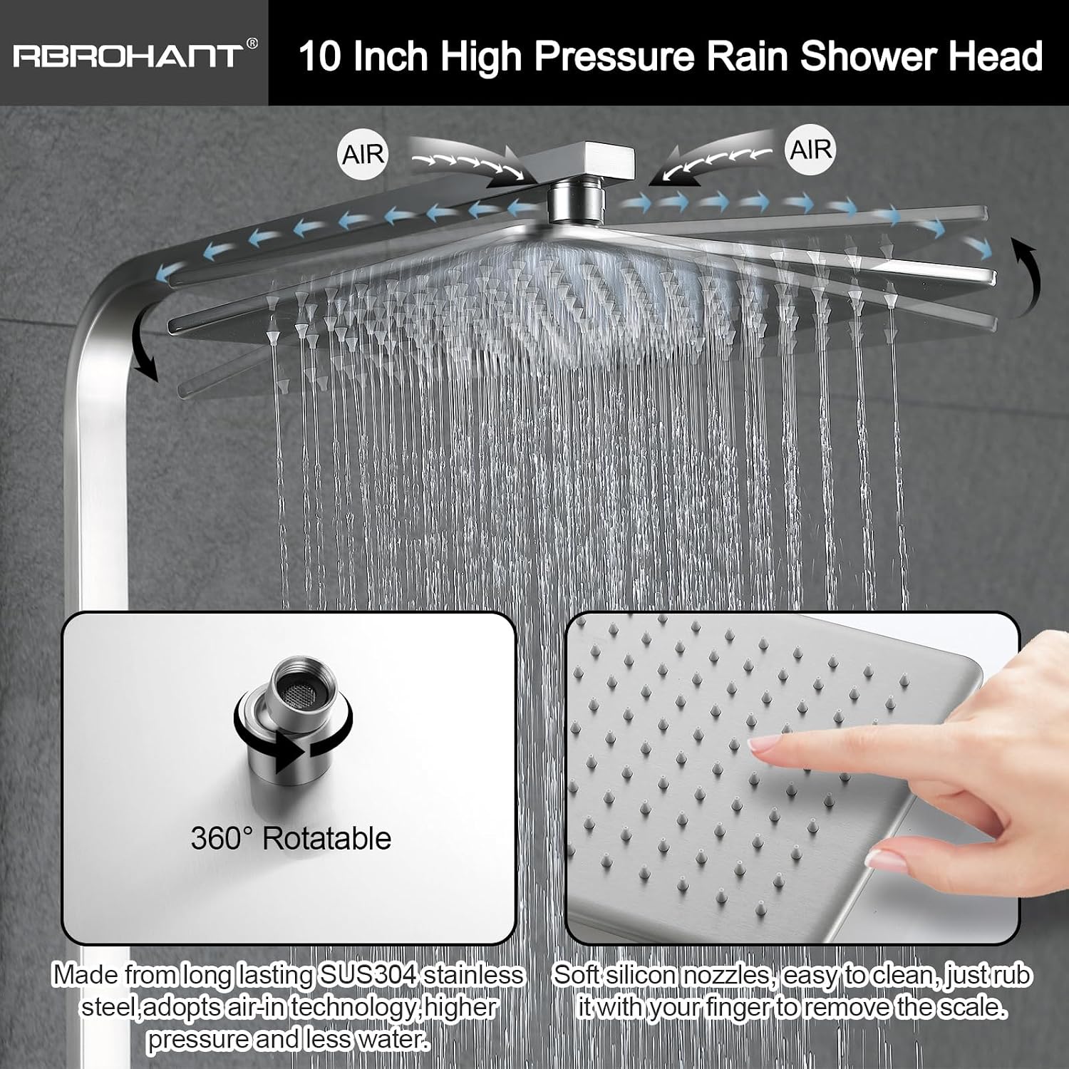 RBROHANT Brushed Nickel Exposed Shower System with Tub Spout, Exposed Shower Fixtures for Bathroom with Brass 3-Functional Valve, Shower Height Adjustable, Wall Mounted