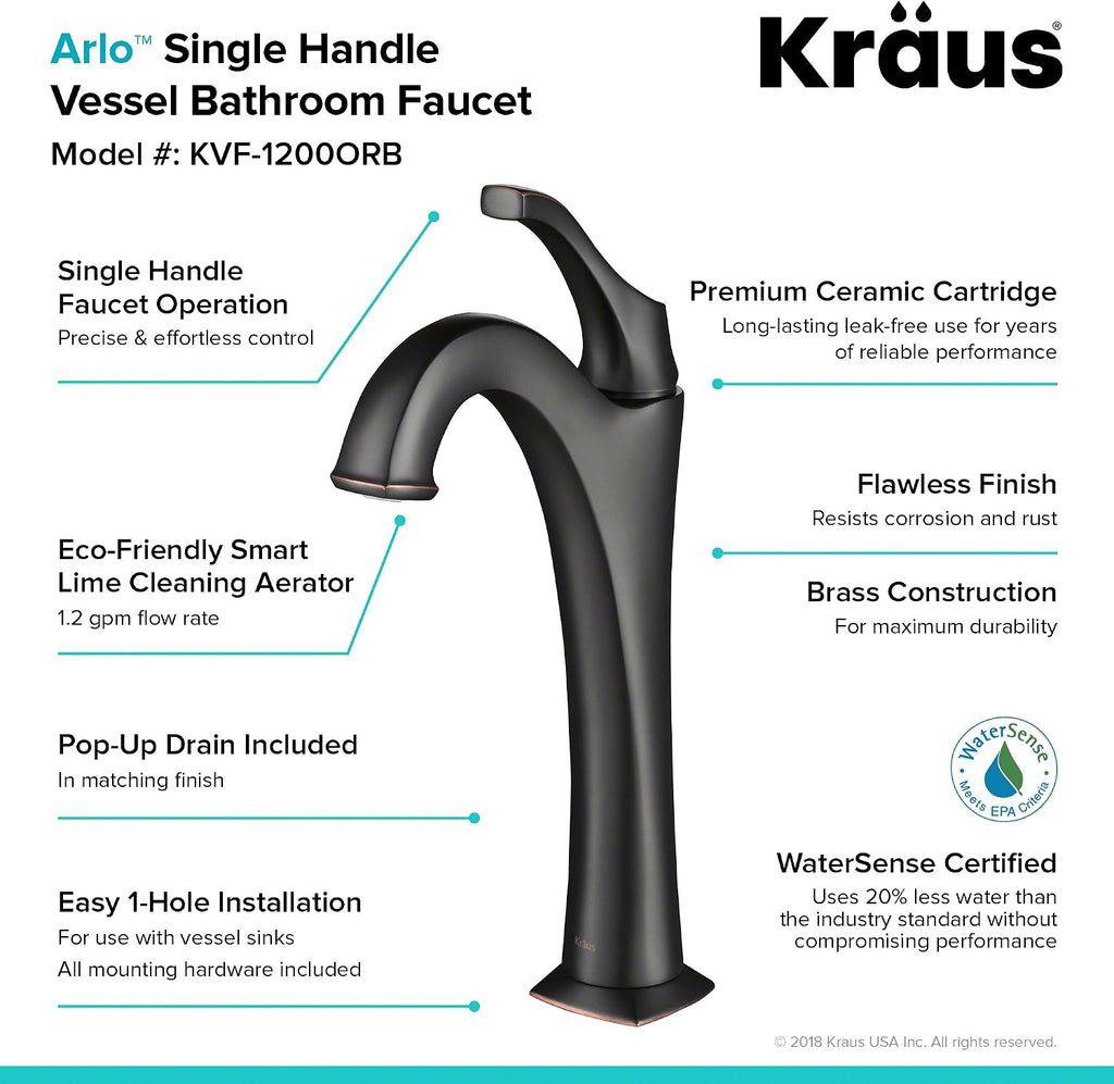 KRAUS KVF-1200ORB Arlo Single Handle Vessel Bathroom Faucet with Pop Up Drain, Oil Rubbed Bronze