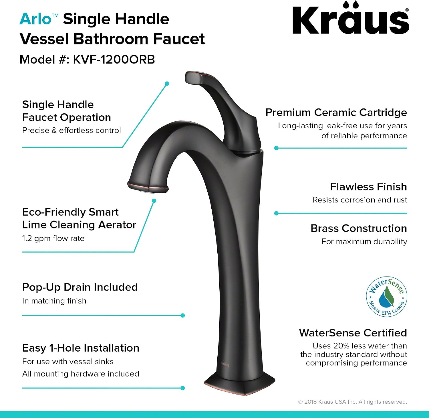 KRAUS KVF-1200ORB Arlo Single Handle Vessel Bathroom Faucet with Pop Up Drain, Oil Rubbed Bronze