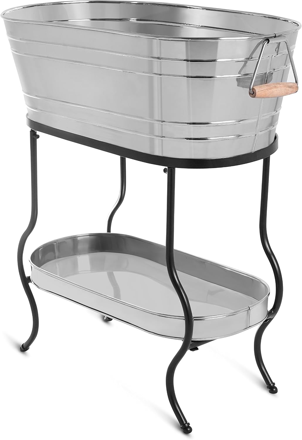 BirdRock Home Stainless Steel Beverage Tub with Stand - Oval - Bottom Tray - Party Drink Holder - Wooden Handles - Outdoor or Indoor Use - Free Standing