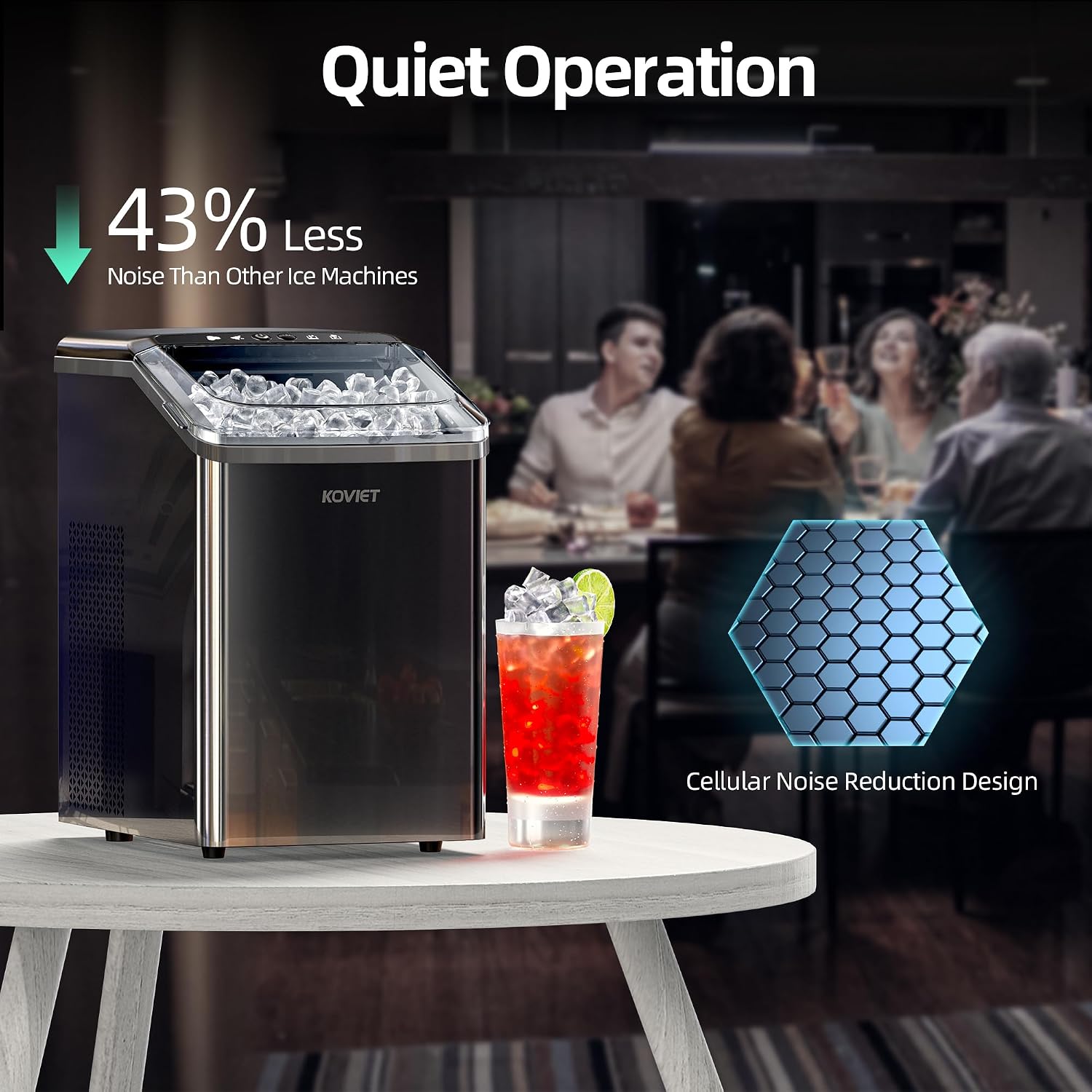KOVIET Nugget Ice Makers Countertop, Soft Pebble Ice Machine, Chewable Crushed Pellet Ice 42lbs/Day, Self-Cleaning Drainpipe Ice Maker for Party, Home, Kitchen, Bar, Office, Black