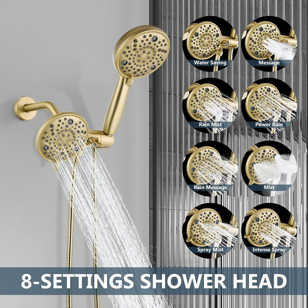 Aolemi Shower Faucet Set with Tub Spout Rain Shower Head System Shower Trim Kit Pressure Rough-in Valve Included ABS 8 Setting Dual Shower Head and Handheld Spray Brushed Gold