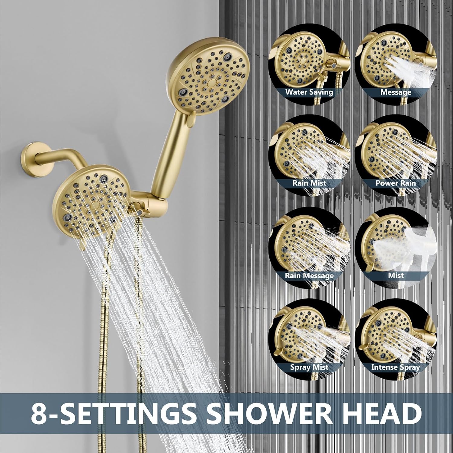 Aolemi Shower Faucet Set with Tub Spout Rain Shower Head System Shower Trim Kit Pressure Rough-in Valve Included ABS 8 Setting Dual Shower Head and Handheld Spray Brushed Gold