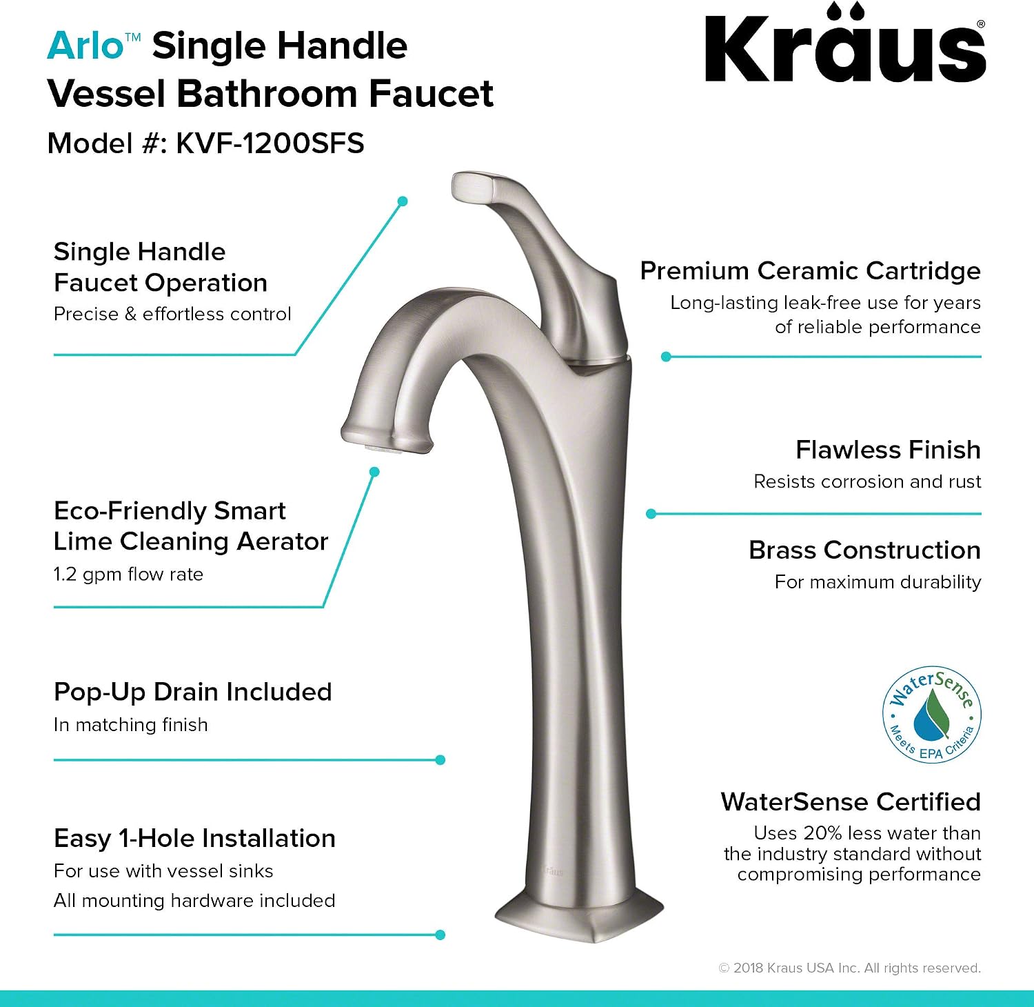 Kraus KVF-1200SFS Arlo Bathroom Faucet, Spot Free Stainless Steel