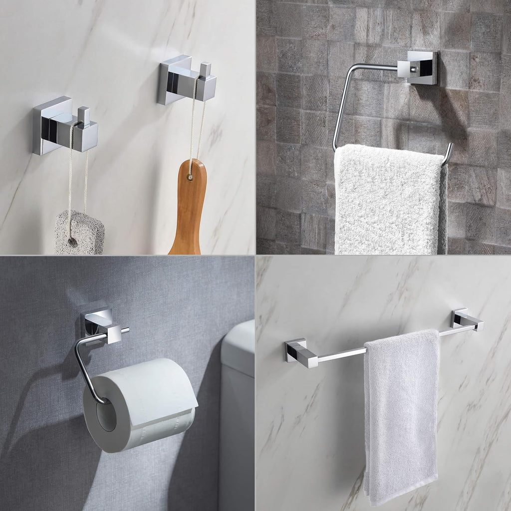 KIBI Cube Bathroom Hardware Set, 5-Piece Accessories Set | 18' Towel Bar, Towel Ring, Toilet Paper Holder, 2 Robe Hooks | Solid Brass Wall Mounted Bathroom Fixtures | Chrome Finish, C-KBA15-5-4