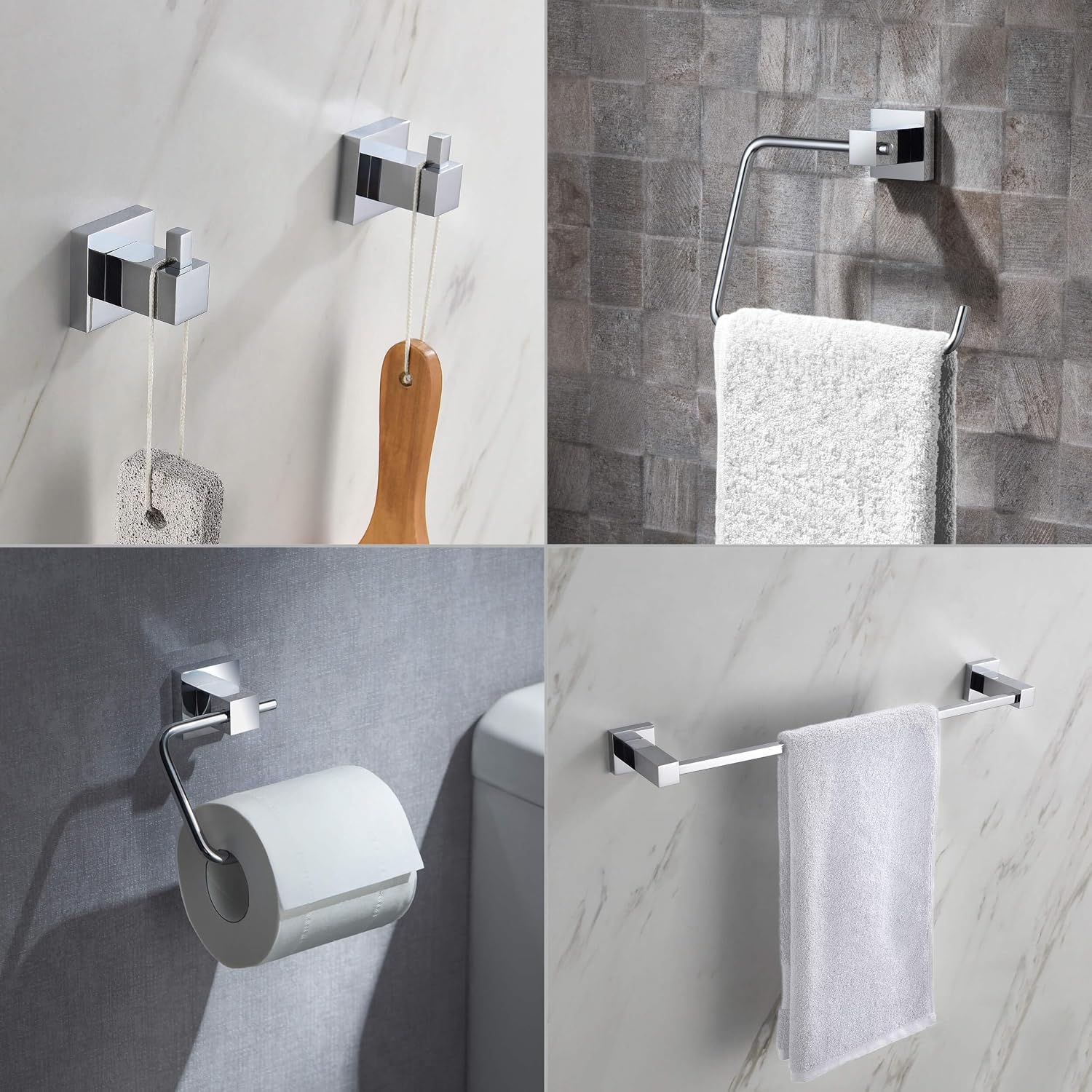KIBI Cube Bathroom Hardware Set, 5-Piece Accessories Set | 18' Towel Bar, Towel Ring, Toilet Paper Holder, 2 Robe Hooks | Solid Brass Wall Mounted Bathroom Fixtures | Chrome Finish, C-KBA15-5-4