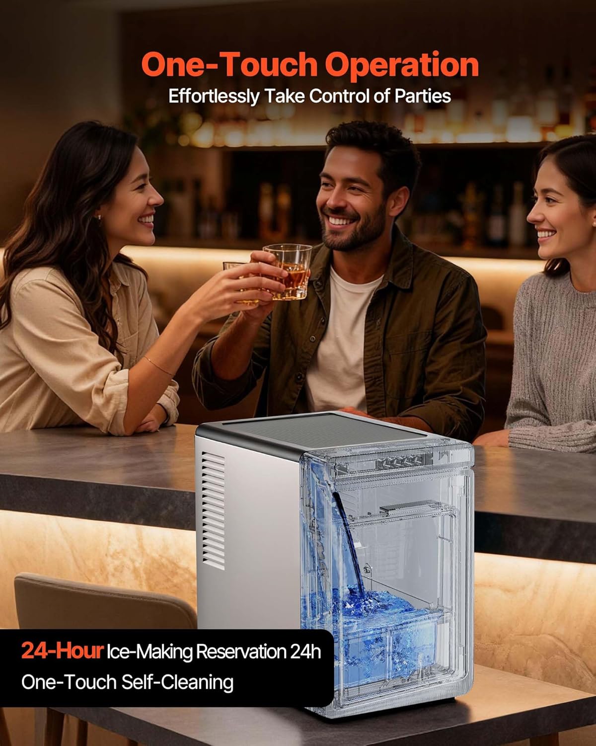 VEVOR 1.6' Clear Ice Cube Maker, 3 Square Ice Ready in 25–35 Mins, 108 Pcs/Day, 24H Timer Ice Maker Countertop for Cocktails, Whiskey & Bourbon