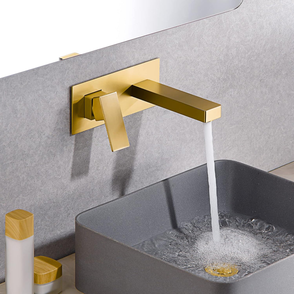 sumerain Wall Mount Bathroom Sink Faucet Brushed Gold and Rough in Valve Included, Left-Handed Single Handle