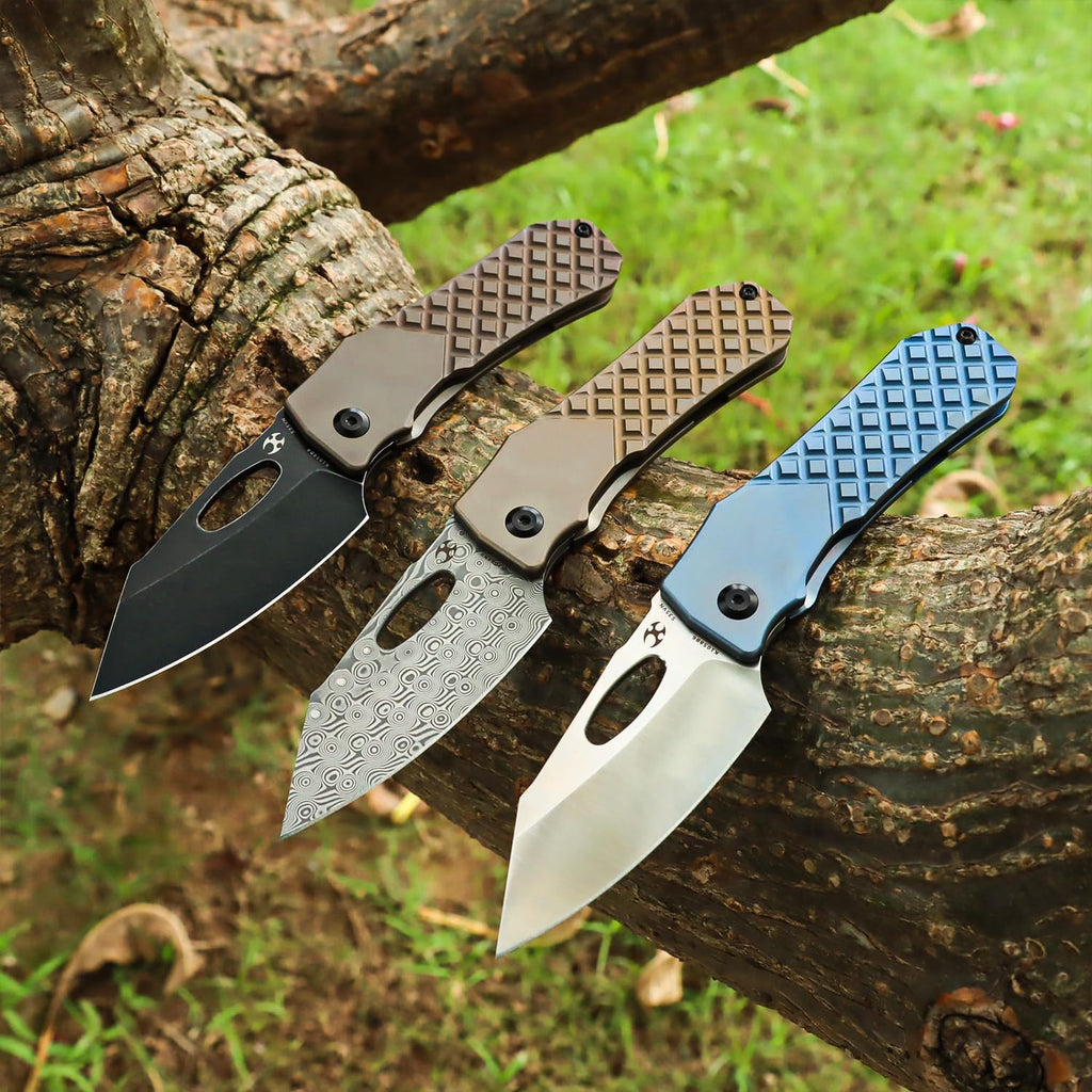 KANSEPT Loki Pocket Folding Knives for Men EDC Camping Folding Knife 2.99'' Damascus Blade Material Pocke Knife with Bronzed Anodized Titanium with Frag Pattern Handle Everyday Carry K1058B5