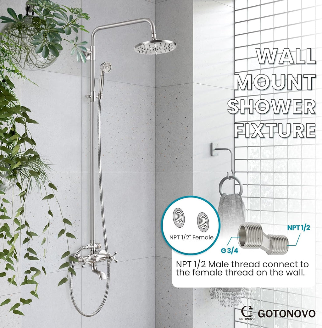 gotonovo Exposed Shower Faucet Set 8 Inch Rainfall Showerhead 3-Function Shower Fixture with Tub Spout 2 Corss Handles Shower System, Brushed Nickel