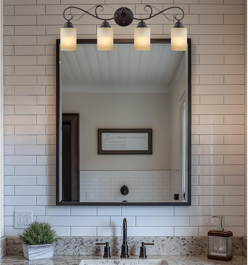 Kira Home Villa 31' Traditional 4-Light Bathroom Vanity Light with Scrollwork Design and Frosted Amber Glass Shades, Oil Rubbed Bronze Finish